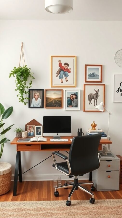A stylish home office setup featuring a desk, computer, and personal decorations on the wall.