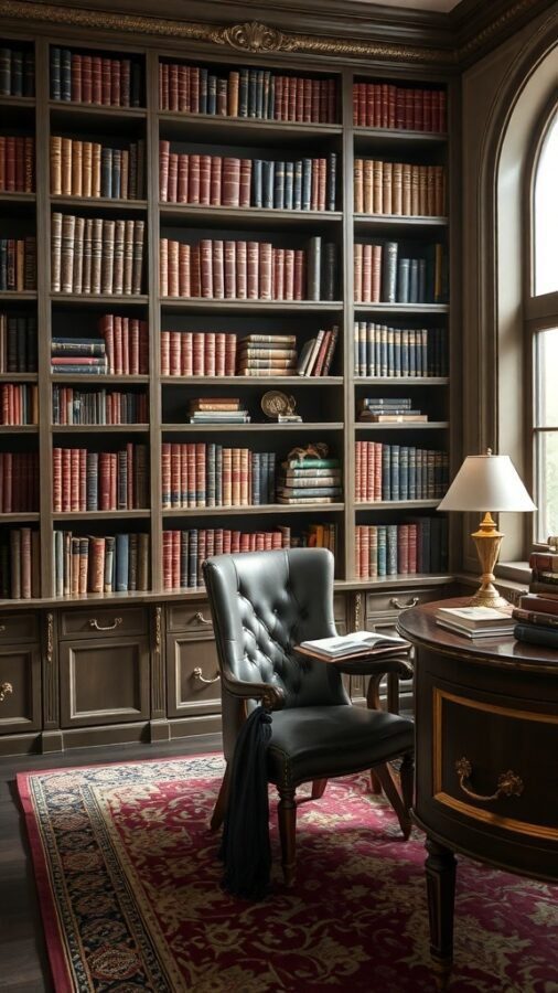 A classic library study with wooden bookshelves filled with books, a leather chair, and a desk.