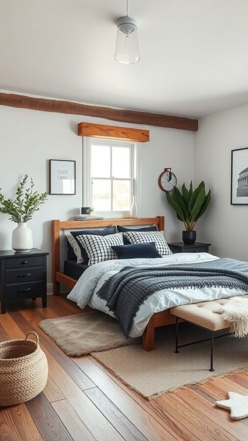 A rustic black and white bedroom featuring wooden beams, a cozy bed with black and white pillows, and natural light from a window.