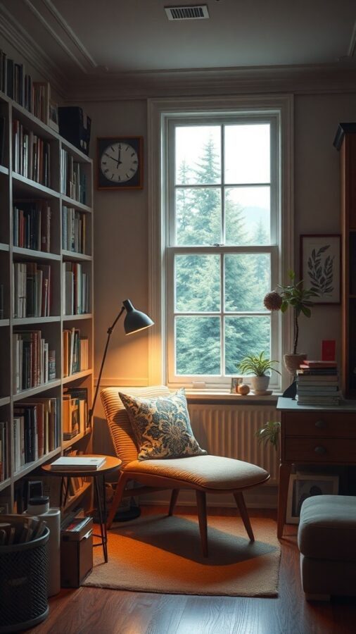 17 Inspiring Home Office Ideas for Men 10 Cozy personal library corner with a chair, bookshelf, and window