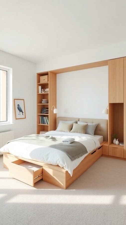 A minimal bedroom featuring a bed with storage drawers and wooden shelves.
