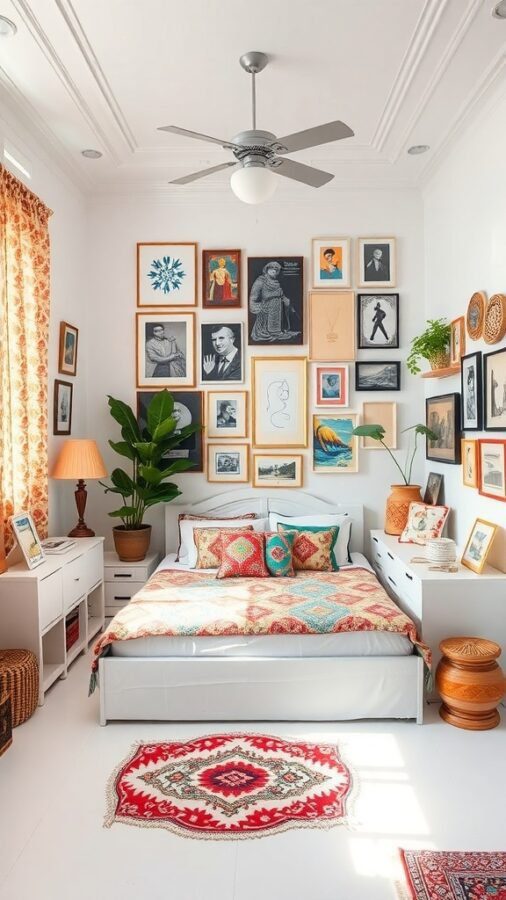 14 Stunning White Bedroom Ideas for a Dreamy Retreat 13 A bright and eclectic white bedroom featuring a gallery wall of framed art, colorful bedding, and a potted plant.