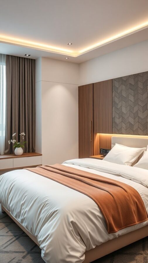 A modern bedroom with smart tech features, warm lighting, and a cozy atmosphere.