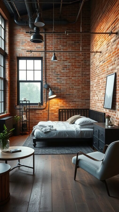 A stylish industrial chic bedroom featuring exposed brick walls, a cozy bed, and modern furniture.