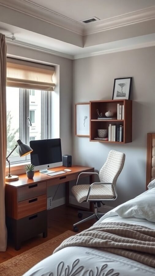A cozy home office nook in a bedroom with a desk, chair, and bookshelf.