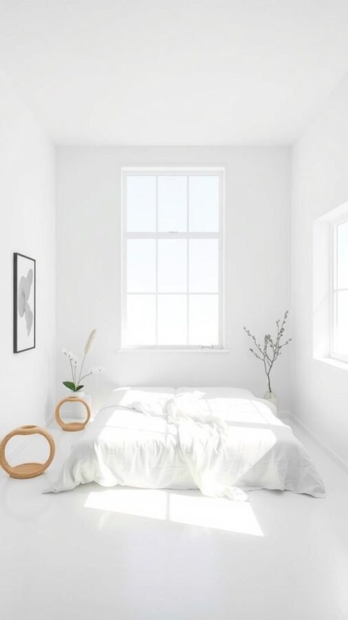 14 Stunning White Bedroom Ideas for a Dreamy Retreat 1 A bright, minimalist white bedroom with a bed, large windows, and simple decor.