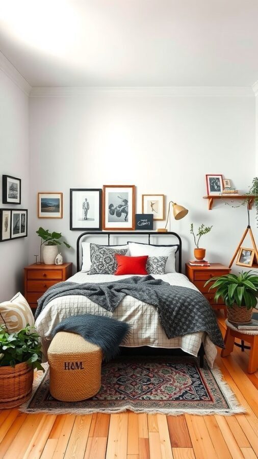 A cozy bedroom featuring a black metal bed frame, patterned pillows, framed art on the walls, wooden furniture, and indoor plants.