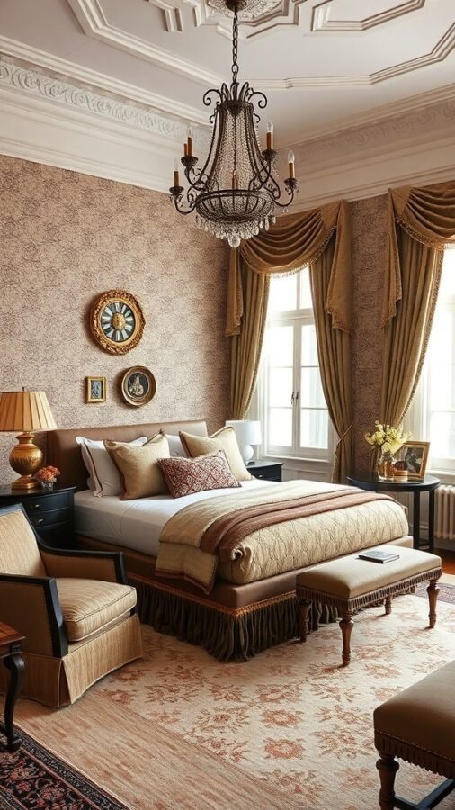 A classic elegant guest bedroom featuring a chandelier, rich fabrics, and tasteful decor.