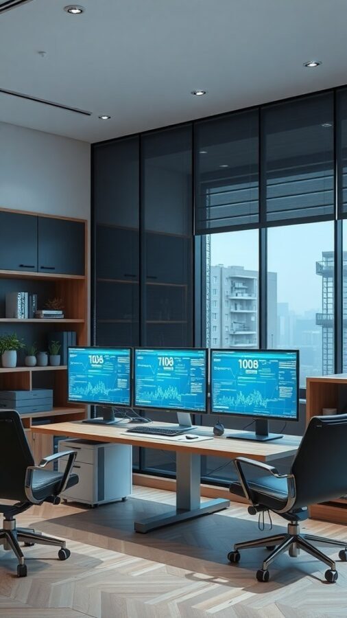 A modern home office with three monitors displaying data, showcasing a sleek and organized workspace.