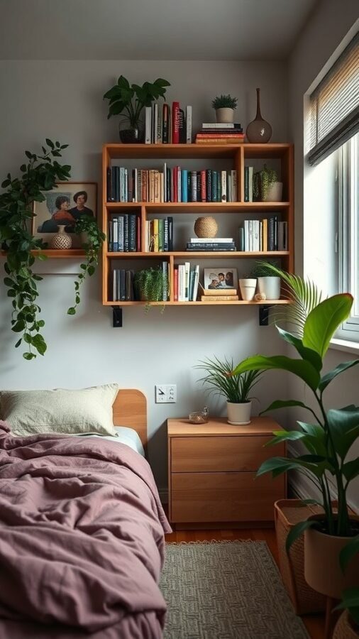 Cozy bedroom with wooden shelving filled with books and plants, showcasing a warm and inviting atmosphere.
