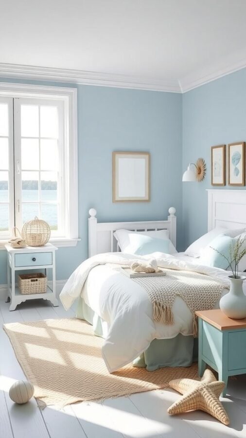 A coastal-themed bedroom with blue walls, white furniture, and nautical decor.