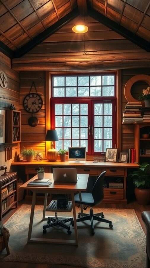 A rustic farmhouse home office with wooden walls, a desk, and a view of nature through large windows.