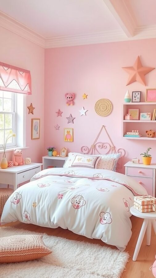 A pastel-themed bedroom with pink walls, floral bedding, and playful decor.