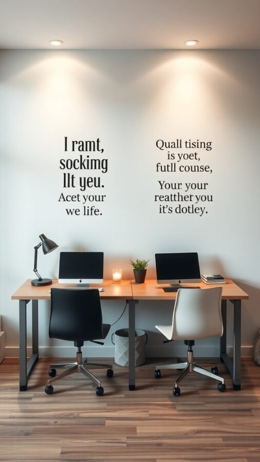 A double desk home office with two computers, stylish chairs, and inspirational wall text.