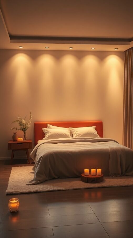 A cozy bedroom with soft lighting, a comfortable bed, candles, and a warm atmosphere.