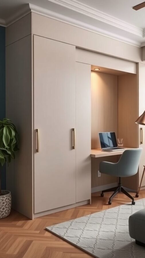 Stylish home office featuring a Murphy bed mechanism with a desk area.