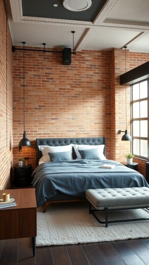 A modern industrial loft bedroom featuring exposed brick walls, a plush bed with blue bedding, pendant lights, and a cozy area rug.