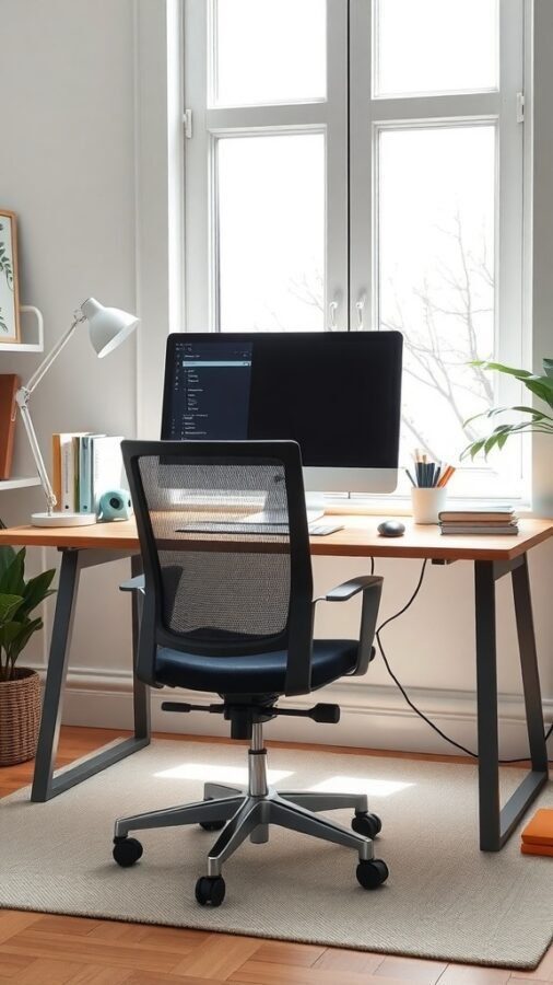 A functional desk setup with a computer monitor, ergonomic chair, and natural light from windows.