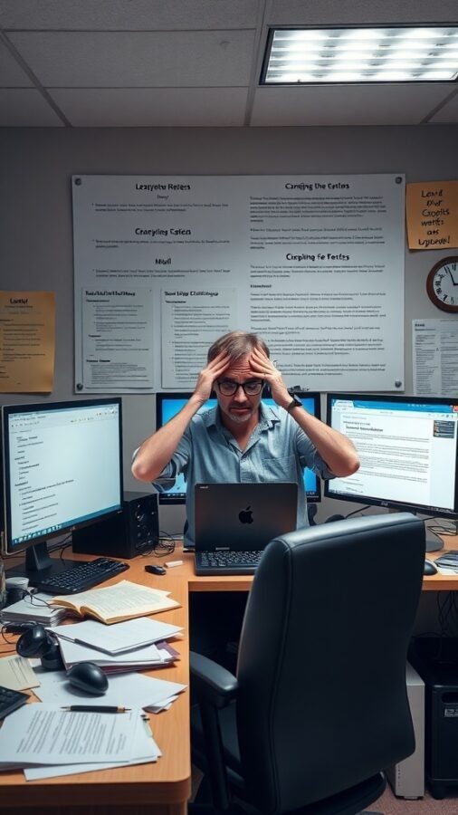 A person looking overwhelmed at a dual monitor setup in a cluttered home office.