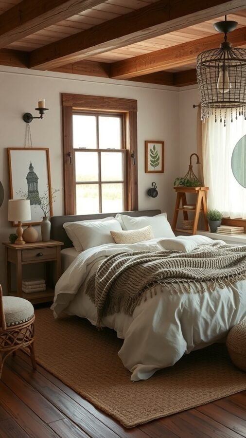 A cozy farmhouse bedroom with wooden beams, a plush bed, and natural decor elements.