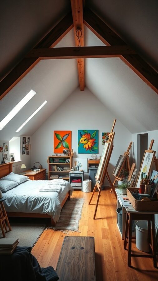 An artistic attic bedroom featuring a bed, colorful wall art, easels, and natural light from skylights.