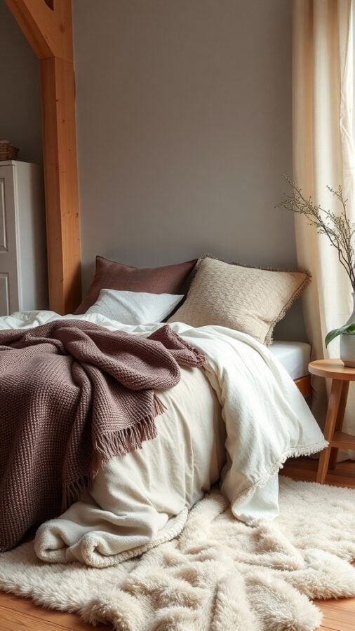 A cozy bedroom featuring layered textiles with a bed adorned with various blankets and pillows, complemented by a fluffy rug and wooden accents.