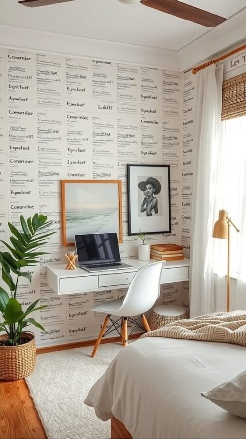 17 Stylish Home Office Guest Room Combos for Ultimate Efficiency 13 A home office guest room combo featuring a desk with a computer, stylish wallpaper, a potted plant, and a neatly made bed.