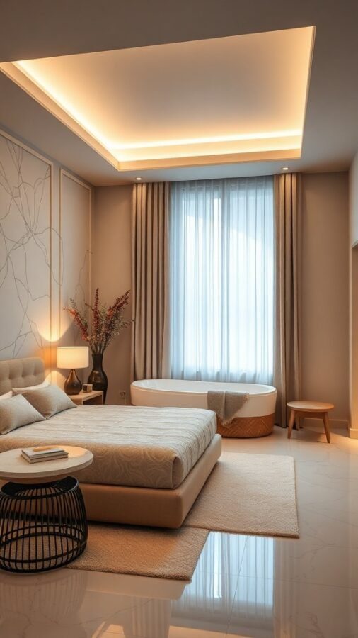 A luxurious bedroom featuring a plush bed, soft lighting, and a freestanding bathtub, creating a spa-like atmosphere.