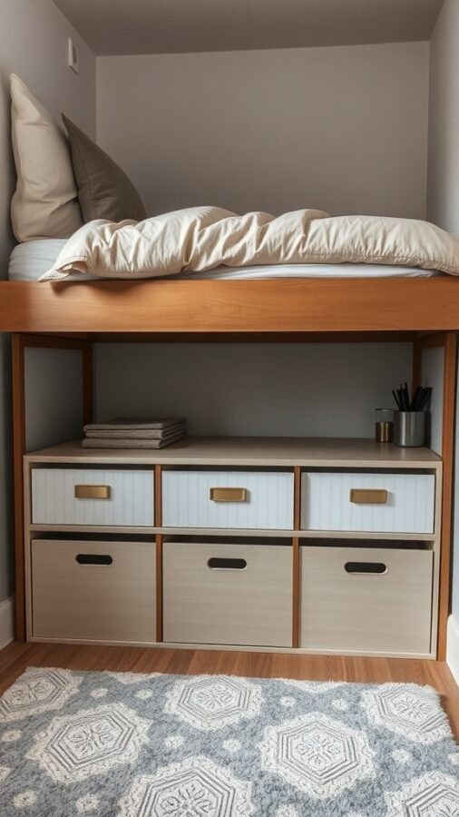 A cozy bed with under-bed storage drawers, showcasing an organized and stylish bedroom space.