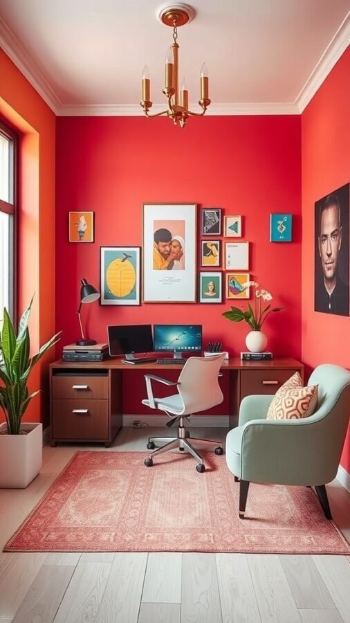 17 Inspiring Home Office Ideas for Men 8 A vibrant home office with red walls, modern furniture, and colorful artwork.