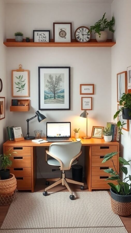A small home office with a wooden desk, laptop, plants, and framed artwork.