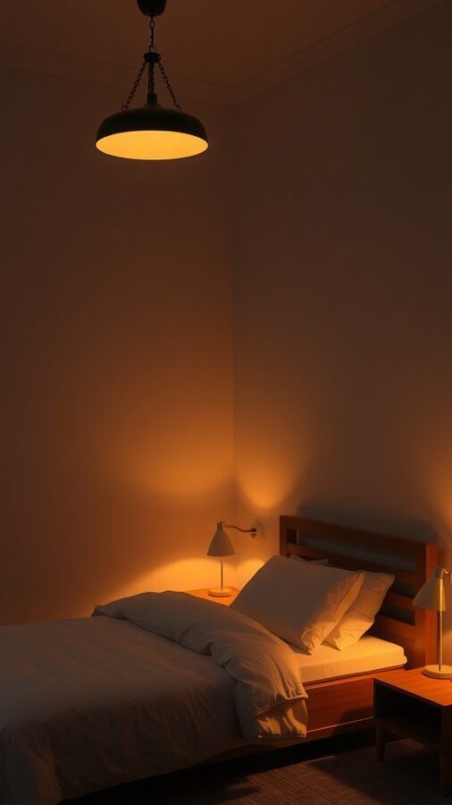 A minimal bedroom with layered lighting, featuring a pendant light and bedside lamps.
