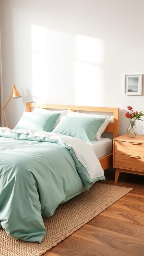 A cozy bedroom featuring mint green bedding, wooden furniture, and a natural rug.