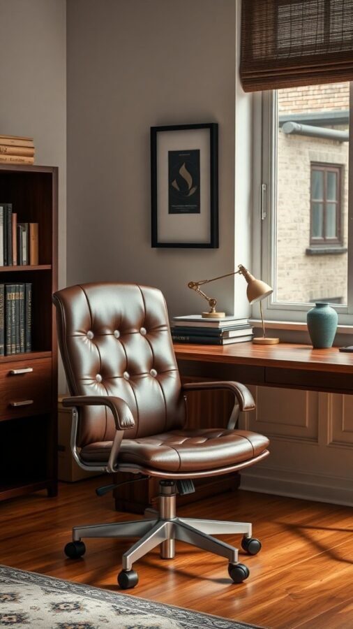 A masculine home office featuring a brown leather chair, wooden desk, and natural light.