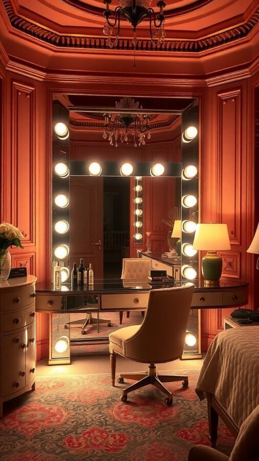 A luxurious Hollywood glam vanity with a large mirror surrounded by lights, a stylish chair, and elegant decor.