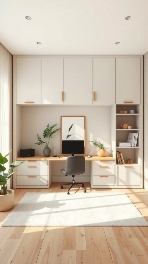 A modern office space with a desk, chair, and plants, featuring a Murphy bed that blends functionality and tranquility.