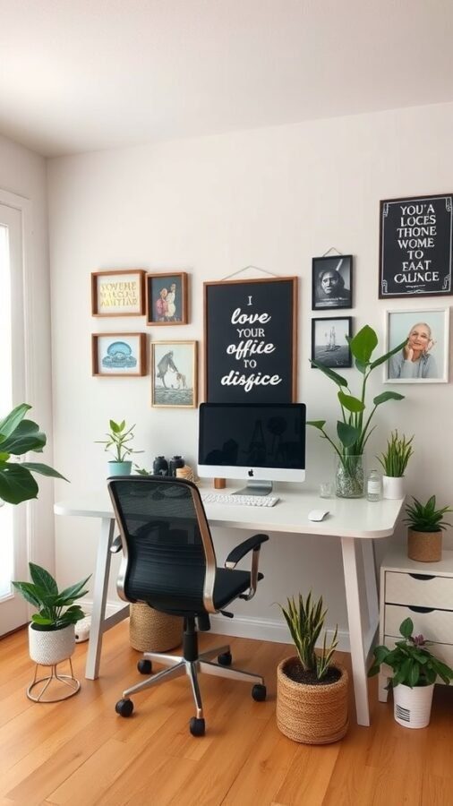 A cozy home office with a desk, computer, and framed art on the wall, surrounded by plants.