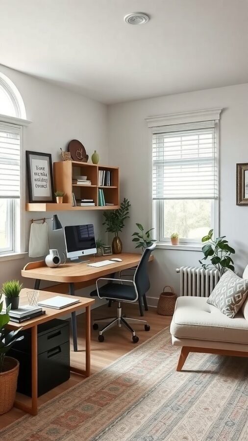 17 Inspiring Home Office Ideas for Men 14 A stylish home office featuring a desk, chair, and plants, designed for multifunctional use.