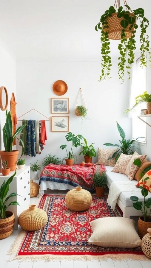 14 Stunning White Bedroom Ideas for a Dreamy Retreat 3 A cozy bohemian-style white bedroom with plants, colorful textiles, and decorative art.