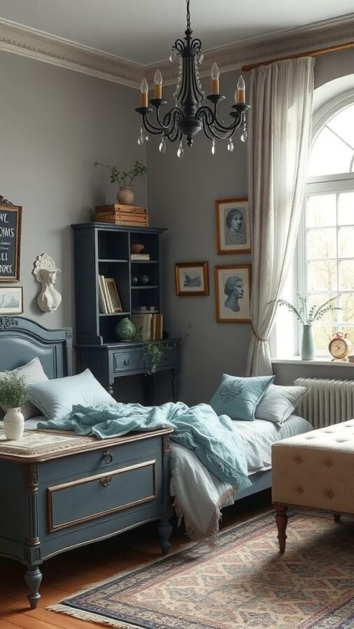 A vintage-style grey bedroom featuring antique furniture, a chandelier, and soft blue accents.