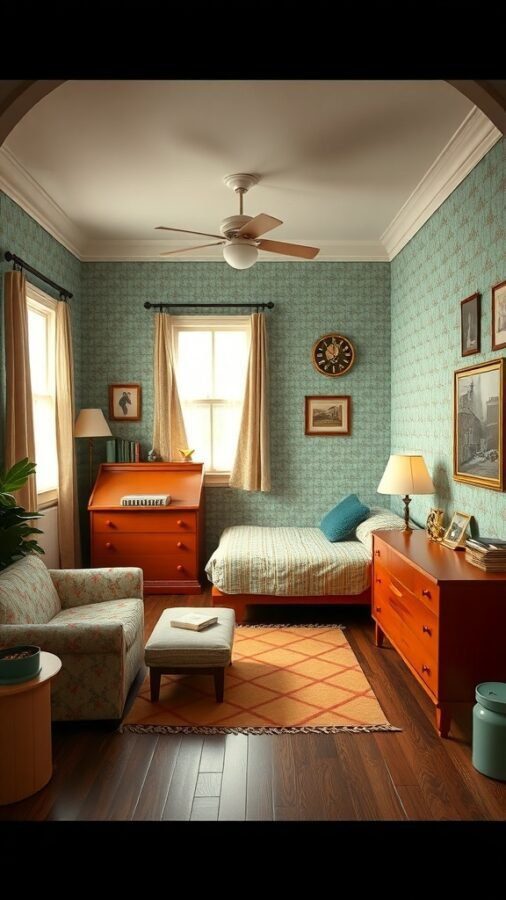 A vintage retro bedroom featuring teal wallpaper, orange furniture, and warm wooden floors.