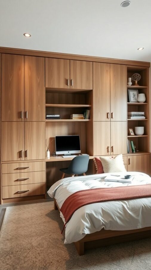 Home office with Murphy bed and wooden storage solutions