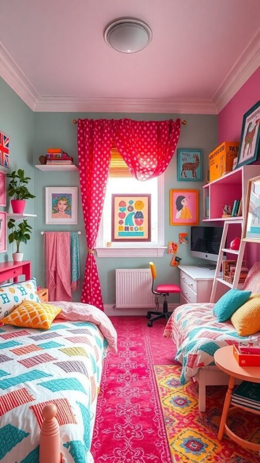 A colorful and playful bedroom with pink and green walls, polka dot curtains, patterned bedding, and vibrant decor.