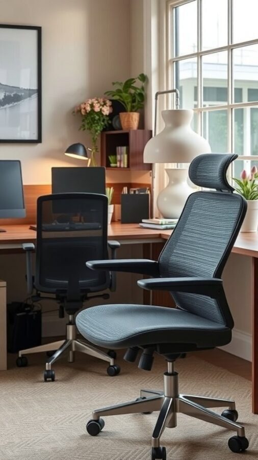 Two ergonomic office chairs in a stylish home office setting