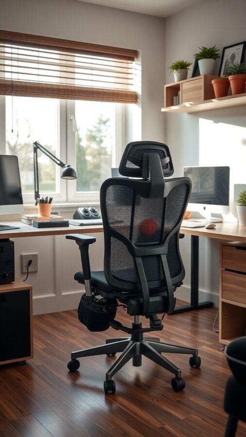 A comfortable home office setup featuring an ergonomic chair, desk, and natural light.