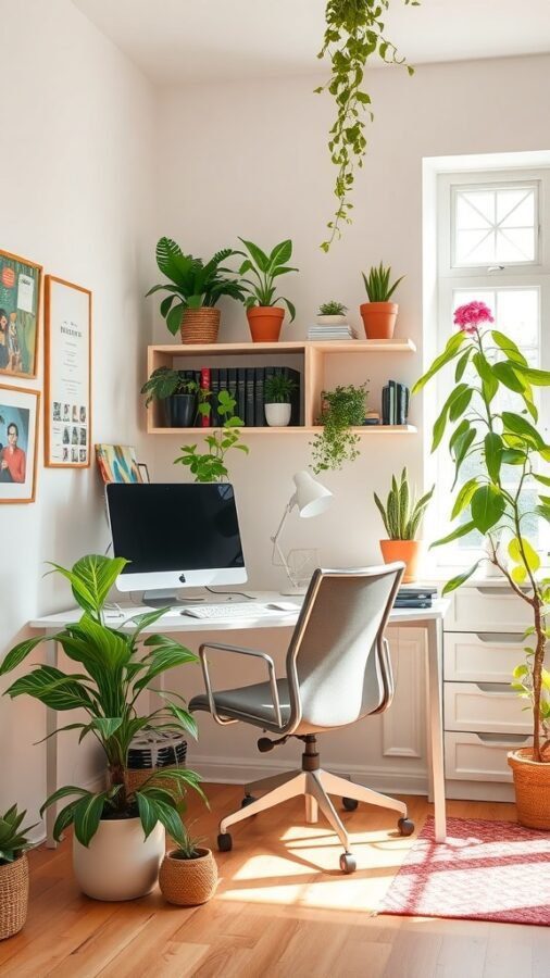 A bright home office setup featuring a desk with a computer, surrounded by various potted plants.