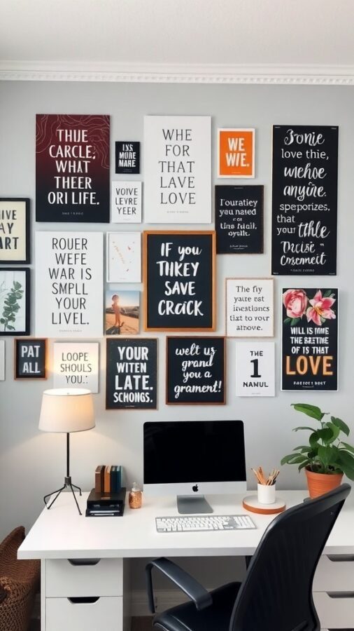 A home office wall decorated with motivational quotes and affirmations in various frames.