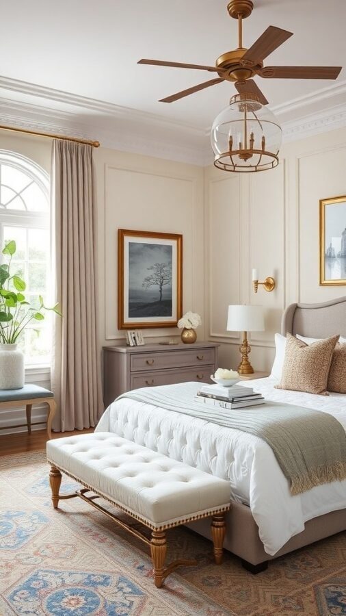 A beautifully designed transitional style bedroom featuring a cozy bed, tufted bench, and elegant decor.