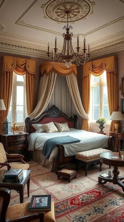 A classic elegant bedroom featuring a grand bed with a canopy, warm curtains, and ornate furniture.