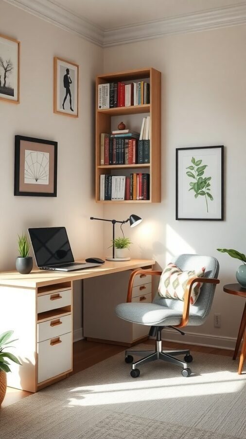 A stylish home office setup featuring a desk, chair, bookshelf, and decorative elements.